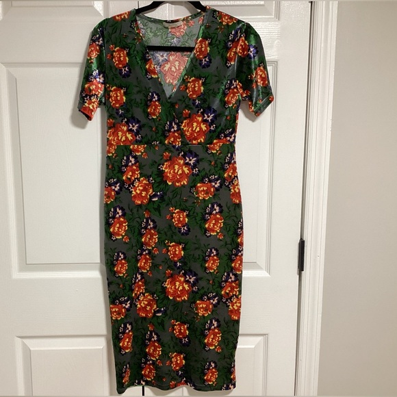 Zara Velvet Dress Women Stretch Midi Size L Floral Green Colorful Fall Party - Picture 2 of 9